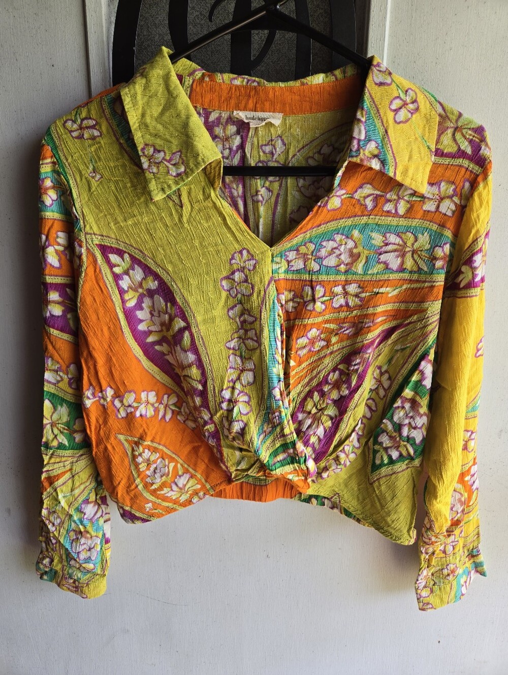 Haute Hippie Floral Twist-Front Blouse in Yellow, Orange & Purple EUC
